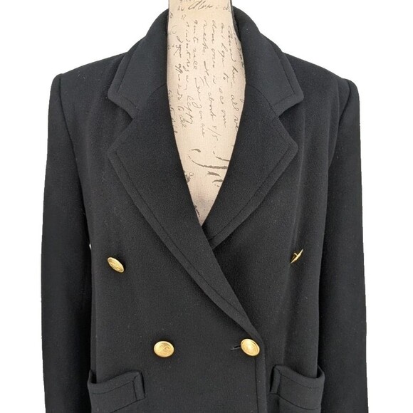 VTG Womens Black Wool Coat LARGE Gold Military Style Buttons Double Breasted - Picture 6 of 13